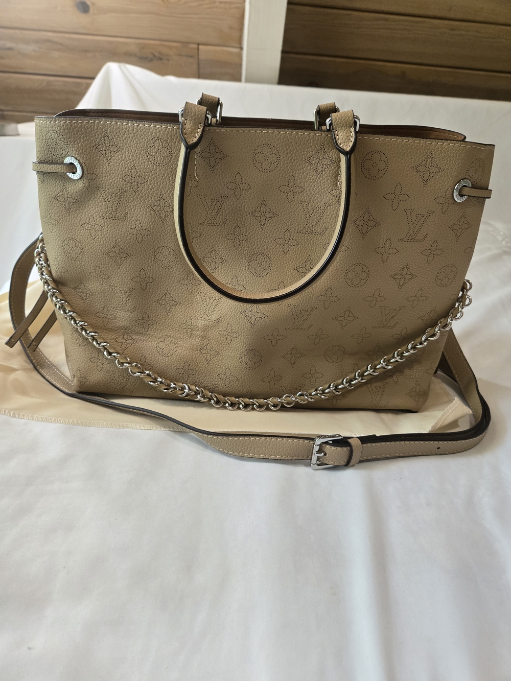 Bella Style Beige Leather Monogram Tote Bag